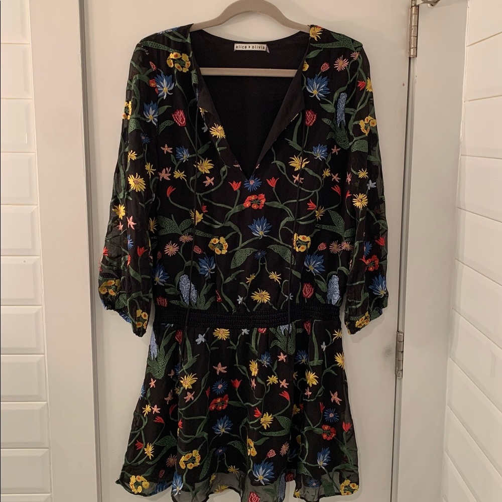 ALICE + OLIVIA Jolene Split-Neck Smocked-Waist Mini Dress, Multicolor